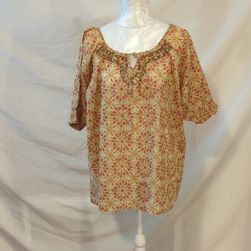 Lrg Brown Puff Sleeve Blouse with Relaxed Tie Front